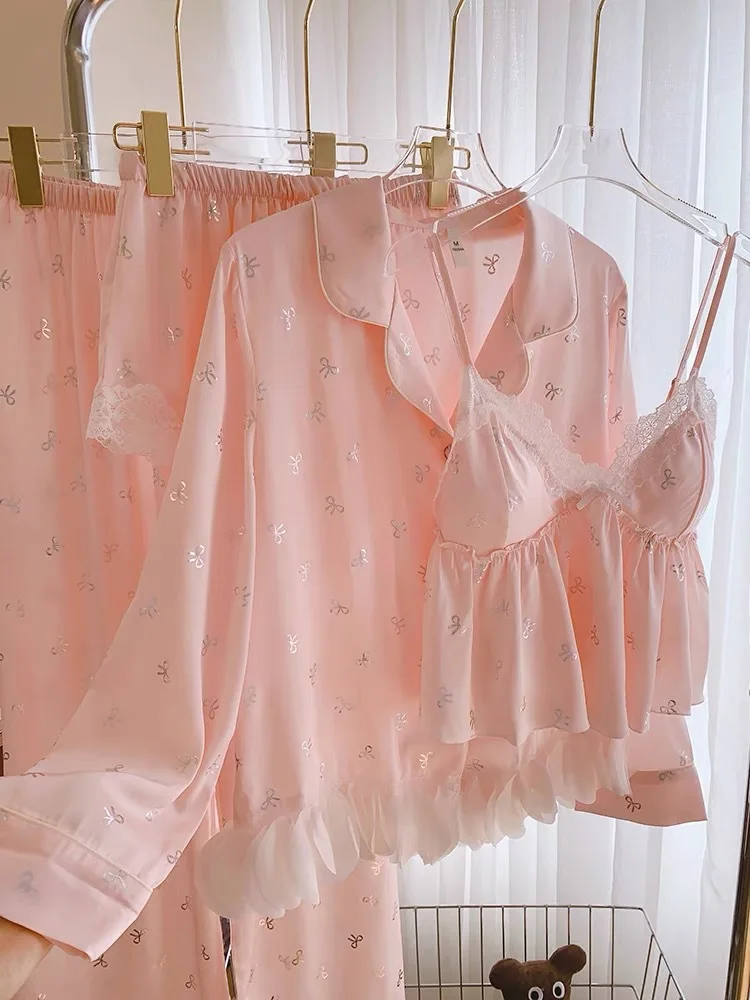 

2025 Spring New Nightwear Satin Lingerie Sexy Lace Sling Top&shorts Robe Suit Women Loose Nightgown Soft Rayon Pajama Set