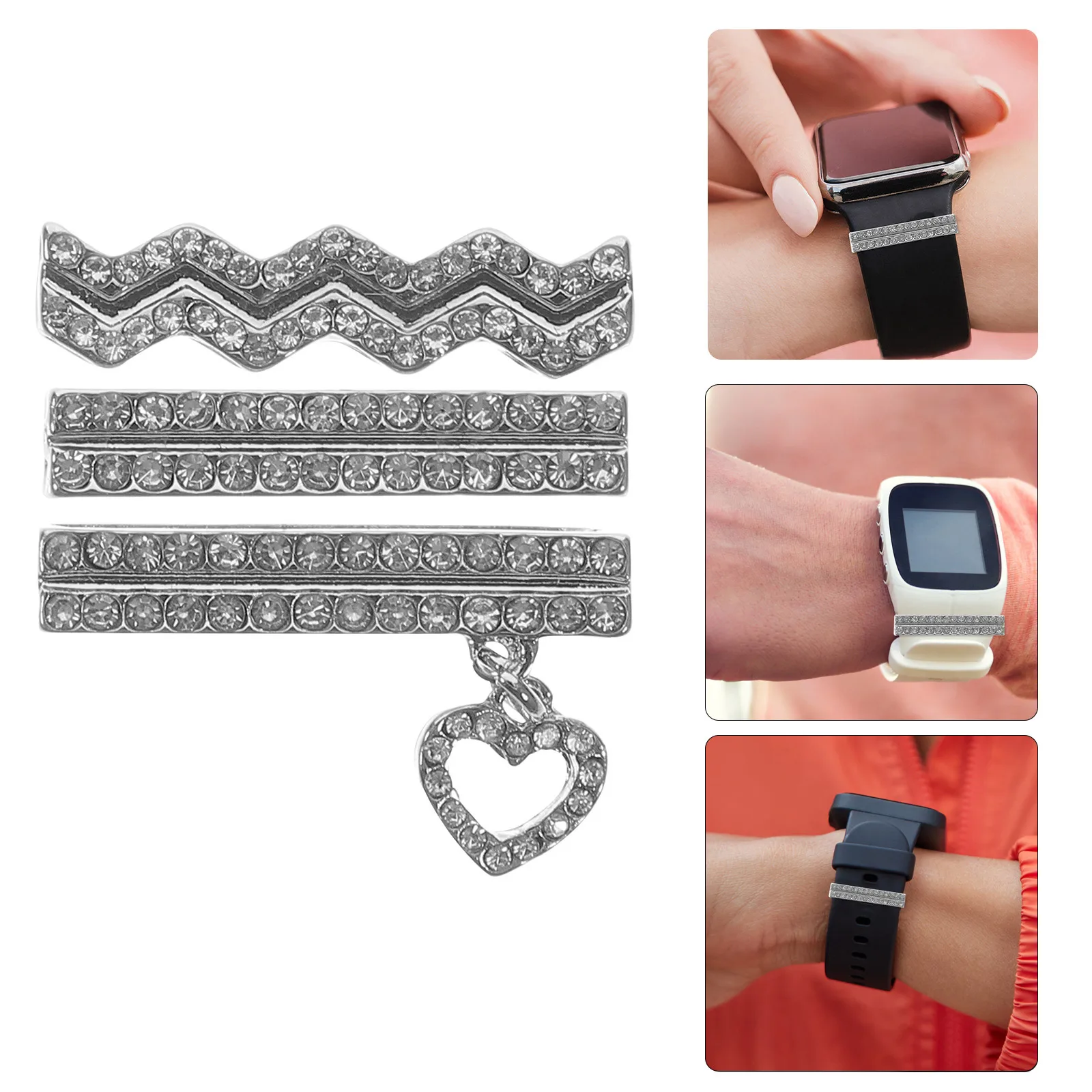 

3Pcs Rhinestone Heart Watchband Rings Charms Elegant Watch Decoration Accessory Watch Band Rings