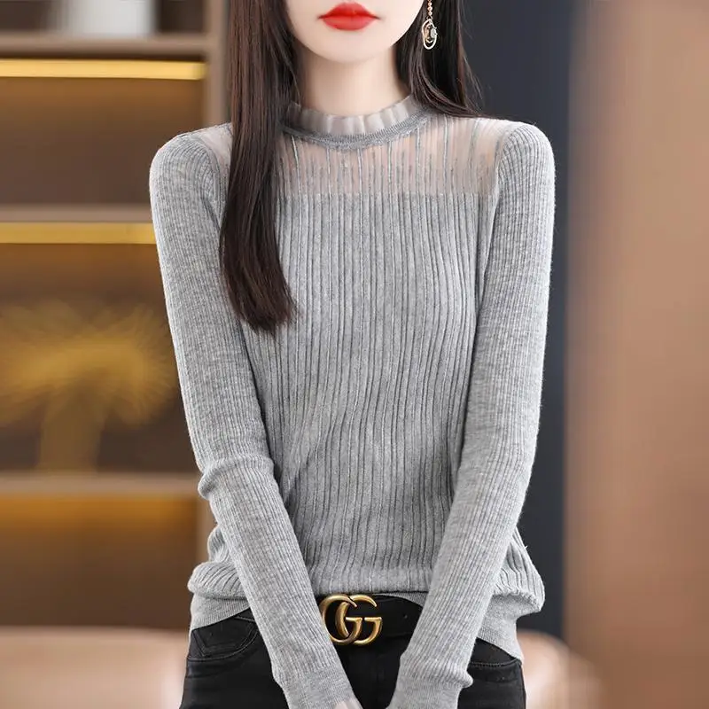 Women\'s Spring and Autumn Fashion Solid Color Half High Neck Lace Hollow Versatile Long Sleeve Slim Fit Sweater Knitted Tops