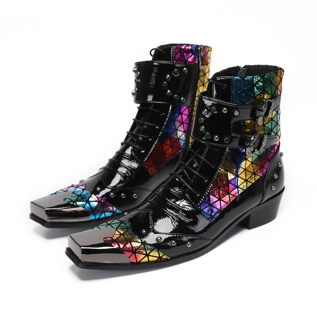 Luxury Multicolor Sequins Men Square Toe Ankle Boots Business Large Size Formal Leather Shoes Man Wedding Nightclub Party Boots