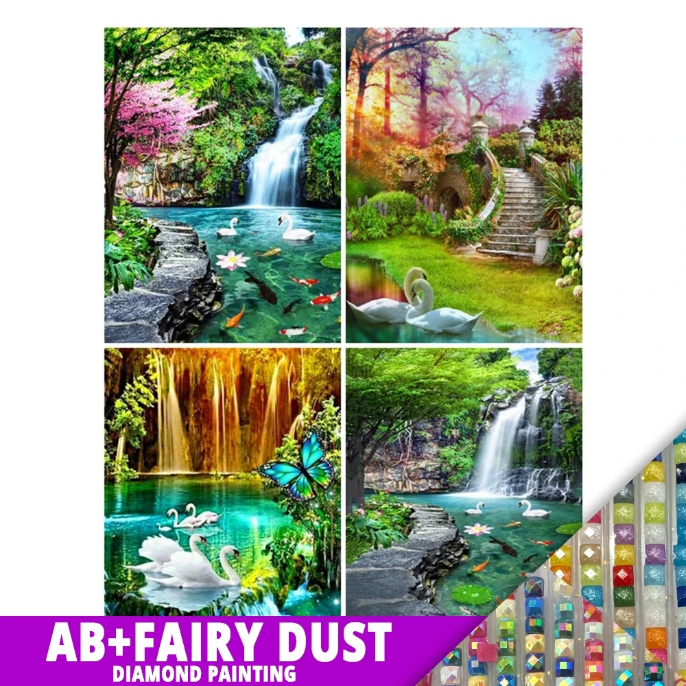 AB Fairy Dust Diy 5d Full Diamond Painting Landscape Embroidery Deill Waterfall Flowing Water Swan Mosaic Cross Stitch Art Hobby