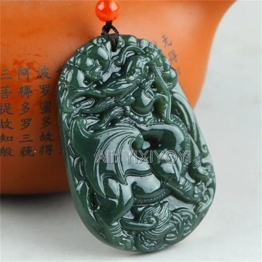 Trendy Natural Dark Green HeTian Jade Carved Chinese Kylin Dragon Amulet Lucky Jade Pendant Necklace Charm Fine Jewelry