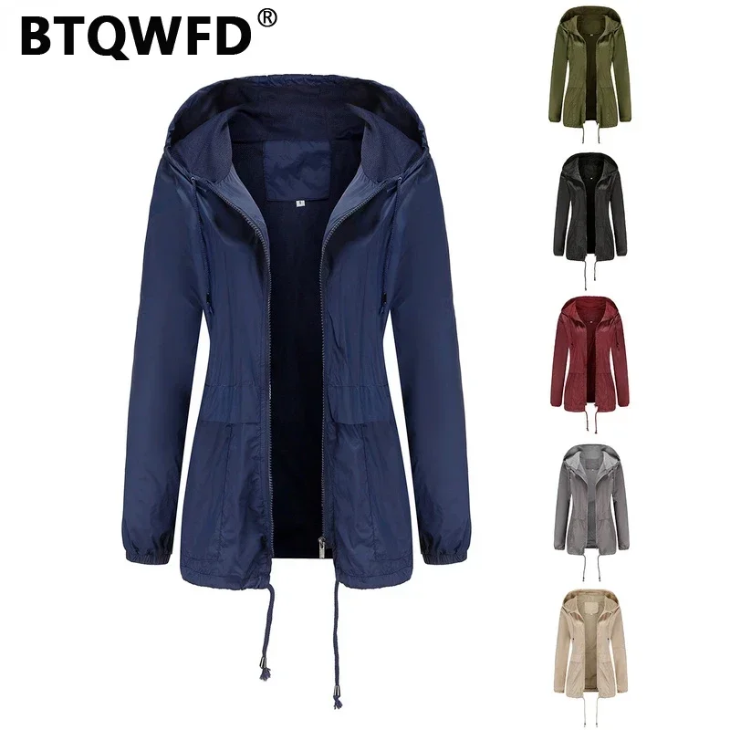 

BTQWFD Women's Jackets Lightweight Mesh Summer Hooded Trench Coats Female Clothing 2024 New Fashion Outdoor Overcoat Raincoats