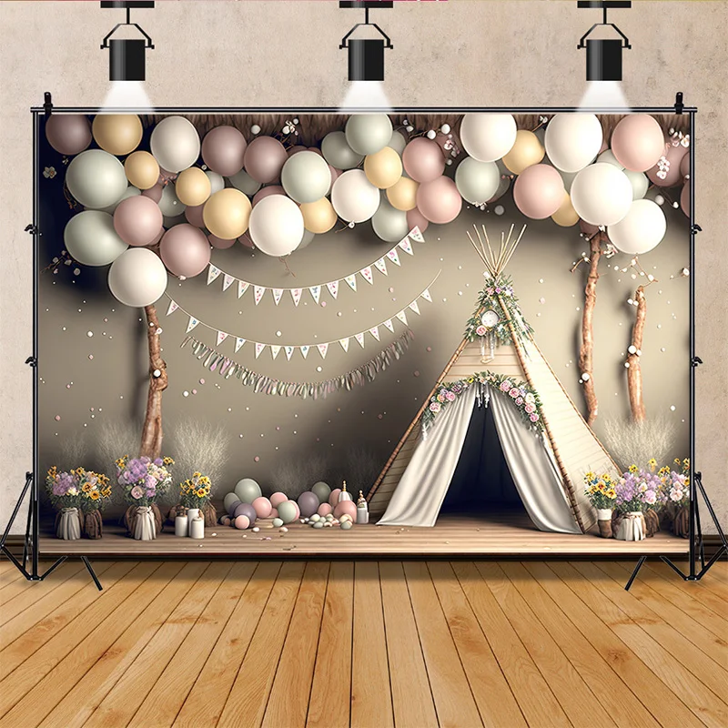 SHENGYONGBAO Baby Shower Newborn Photography Backdrop Prop Bear Colorful Air Balloon Happy Birthday Party Scene Photo Background