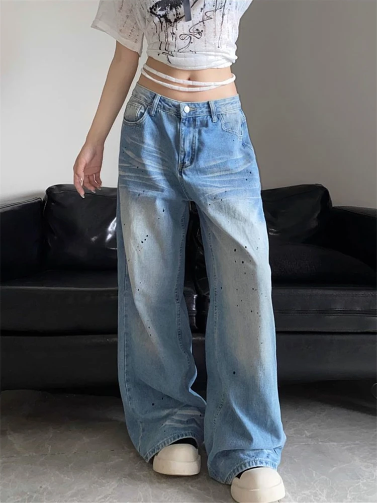 

Women's Splashing Ink Cat Whisker Prints Jeans Cool Girl Street Unisex Pants Fashion Bottoms Female High Waist Straight Trousers