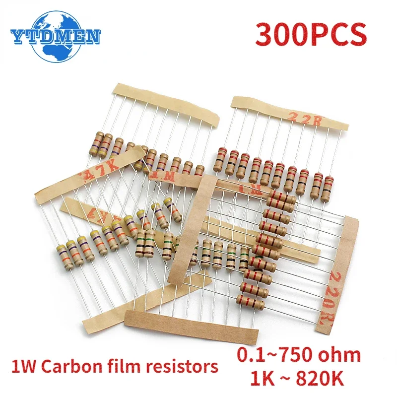 300pcs/lot 1W Resistor Assorted Kit 30 Value*10pcs 0.1~750 Ohm, 1K ~ 820K Carbon Film Set of Resistors 5% Resistance 1K 10K 100K