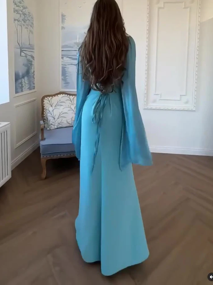 우아한 레이스업 허리 솔리드 새틴 이브닝 드레스 여성 패션 스플라이싱 드레이프 롱 드레스 캐주얼 O넥 긴팔 파티 드레스