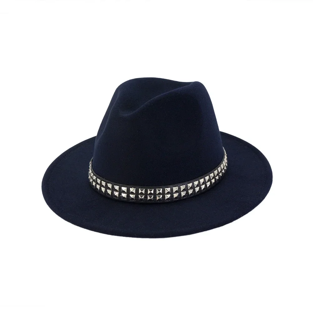 SHOWERSMILE Bordeaux Fedora Hoed met Metalen Riem Rock Vrouwen Roze Jazz Hoed Klinknagel Dames Brede Rand Vilten Hoed Vrouwelijke Winter Fedora