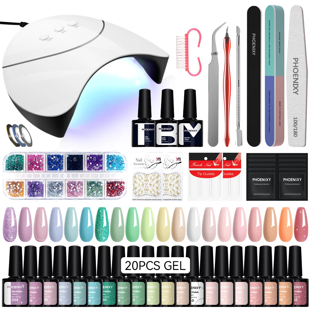 

Phoenixy Gel Nail Polish Set with 36W UV LED Lamp Dryer Semi Permanent UV Gel Varnishes Top Base Coat Complete Nail Art Tool Set