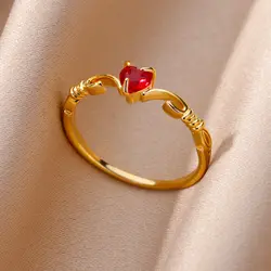 Red Zircon Heart Rings for Women Adjustable Female Stainless Steel Ring 2024 Trending New in Aesthetic Wedding Jewelry anillos