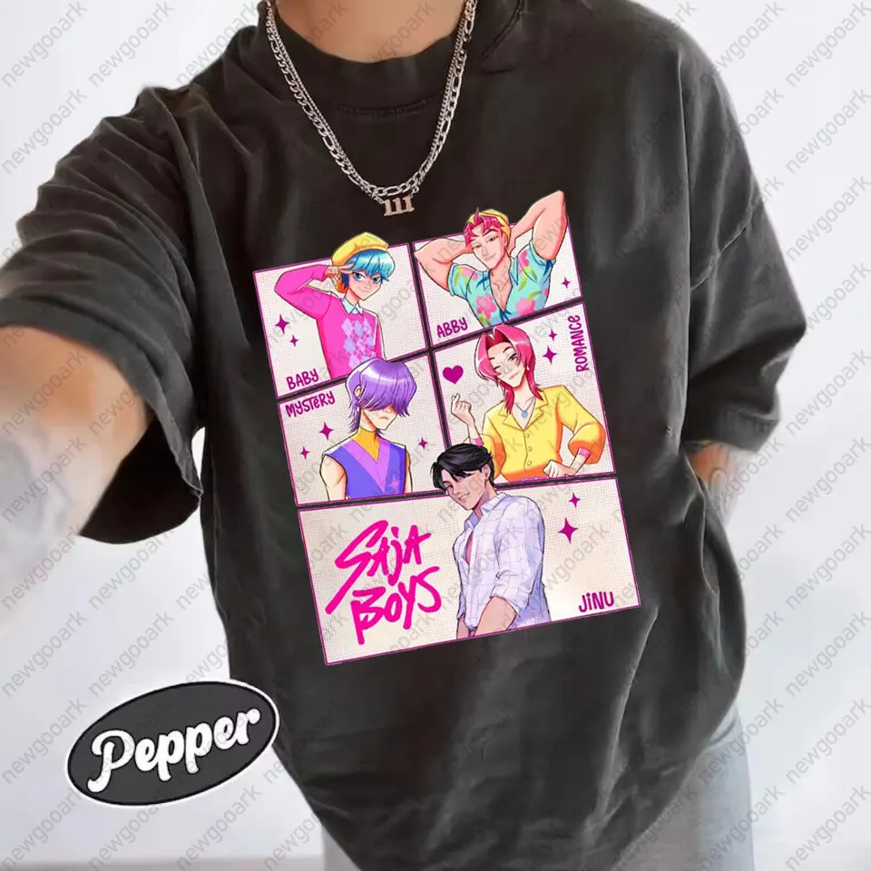 여름 여성 K팝 데몬 헌터 사자 보이즈 티셔츠 하라주쿠 O넥 캐주얼 셔츠 선물 의류 면 반팔 티셔츠 만화 Op 티