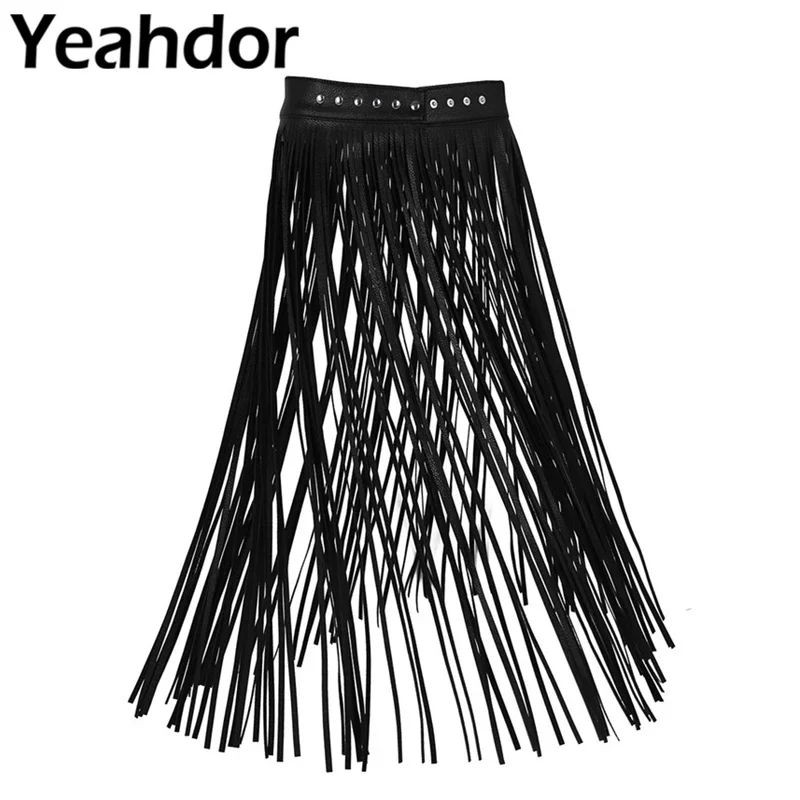 Womens Sexy Tassel Skirt Goth Hippie Boho Waistband Long Fringe Black Leather Tassel Skirt High Waist Skirt Holographic Skirt