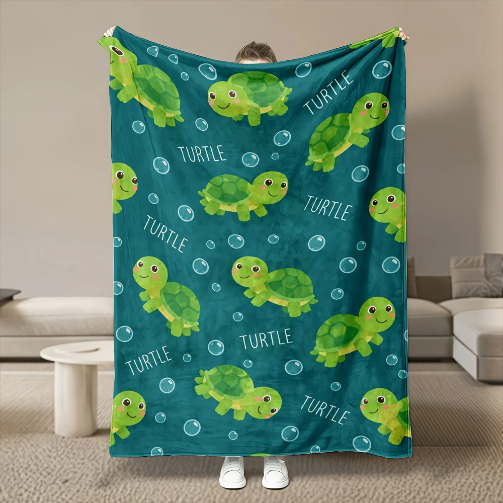 1pc Turtle Text Green Turtle Flannel Blanket, Cozy Soft Warm, All-Season Use, 280GSM Heavy, Machine Washable, for Bedroom, Sofa, Bedding, Office, Dorm, Car, Winter Throw, Ideal Gift Choice.