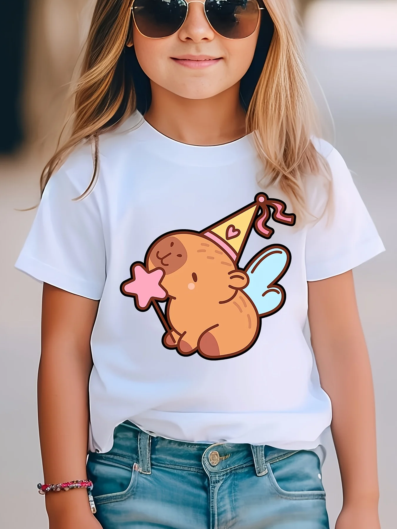 Kids Family Matching T Shirt Fairy Wing Party Capybara Cartoon Print Short Sleeve Cotton Tops For Boys Girls Daily Casual Outfit