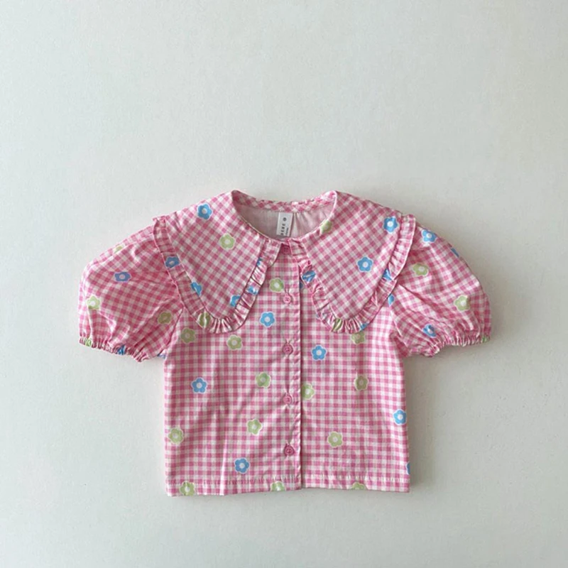 MILANCEL Baby Blouse Lapel Simple Cotton Short Sleeve Sweet Love Plaid Flowers Girls Tops Toddlers Tee