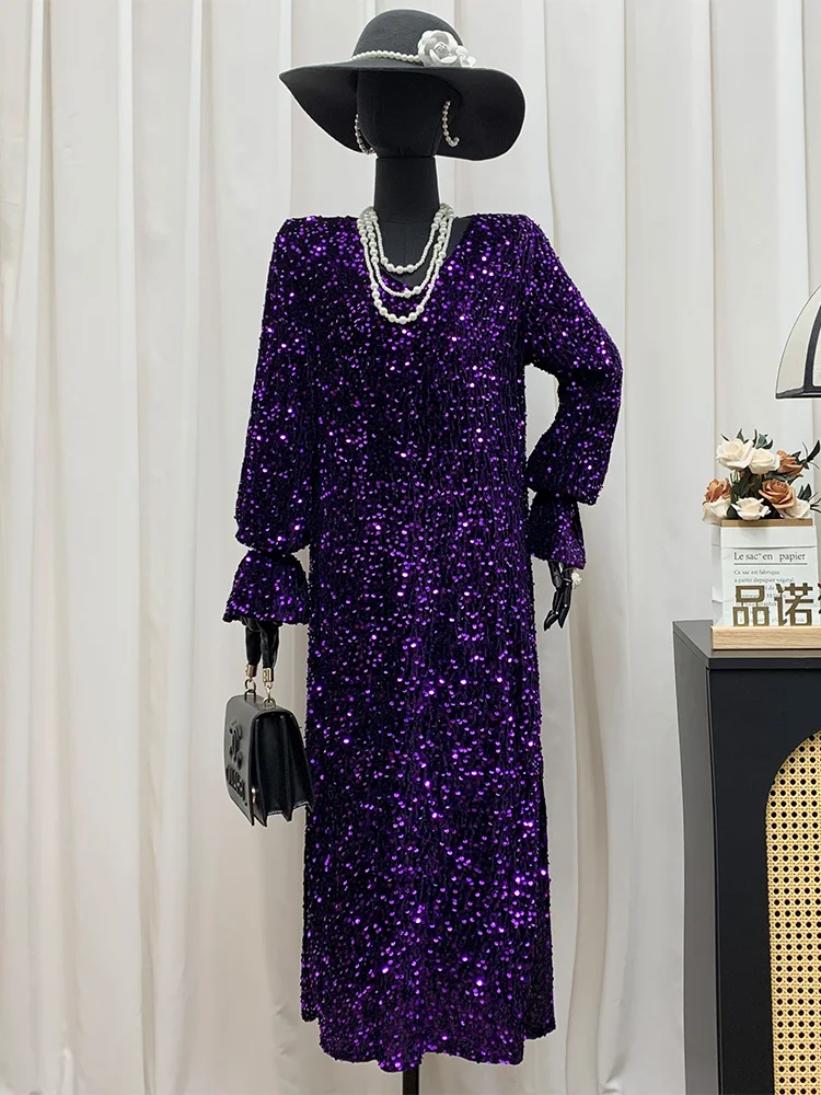 

Платье большого размера из бархата с вышивкой и пайетками, с боковым разрезом, эластичными манжетами, глубоким V-образным вырезом, прямое, в стиле туб-дир, повседневное, весеннее