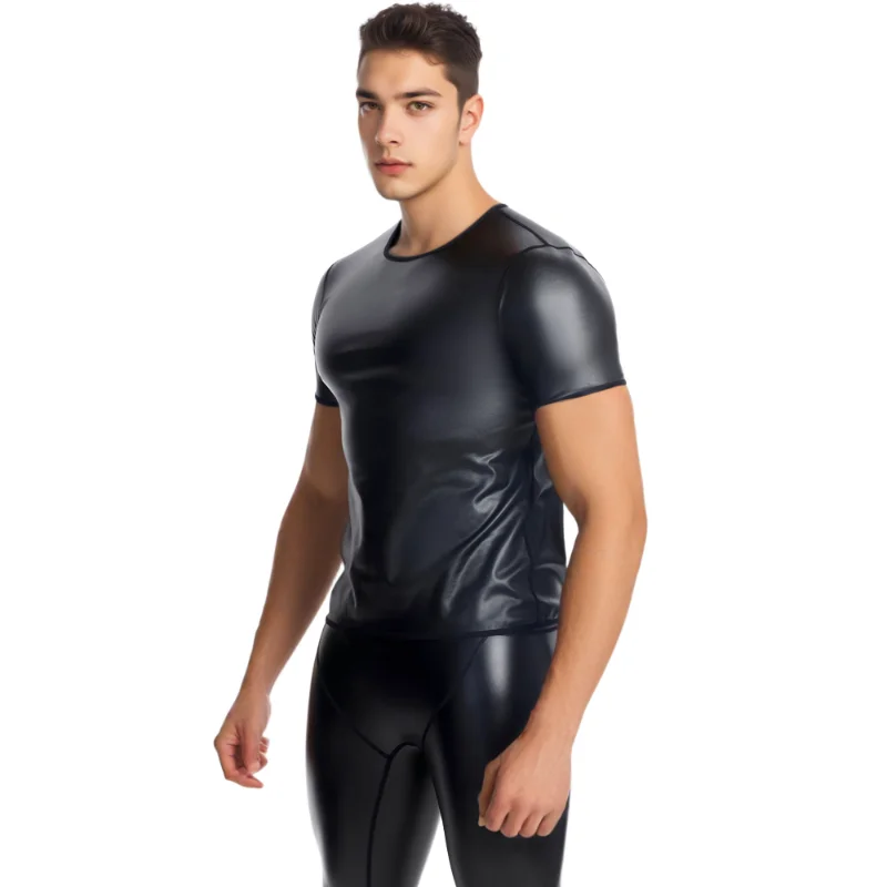 Męska seksowna koszulka skórzana z krótkim rękawem, wyszczuplająca bielizna modelująca sylwetkę, gorsety modelujące talię, bielizna modelująca brzuch, skórzana koszula.