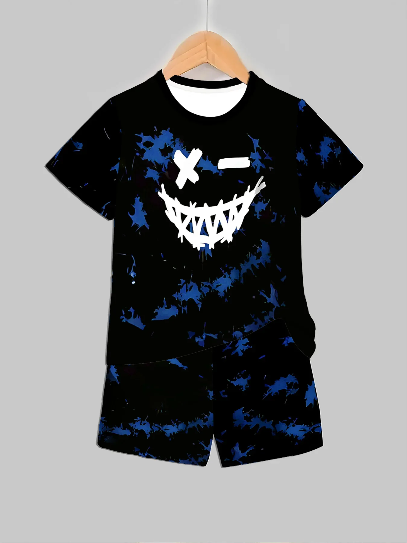 

Casual Sports Suit Smiling Face Breathable Outdoor Casual Men's T-shirt Five-point Pants Suit Summer 3D Printing Kids Suit