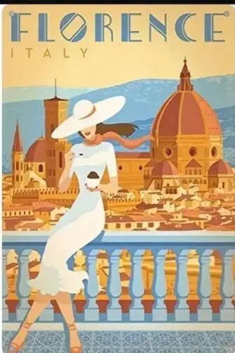 FLORENCE ITALY TIN SIGN FLORENCE WOMAN EATING ON BRIDGE CATHEDRAL SANTA MARIA sign