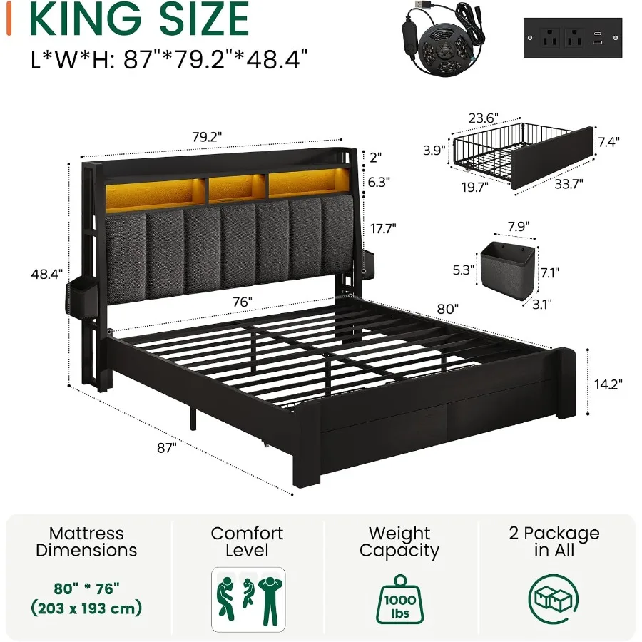 Bed Frame With 2 Storage Drawers For Bedroom Use Made Of Engineered Wood In White Color Features Easy Assembly And Space Saving
