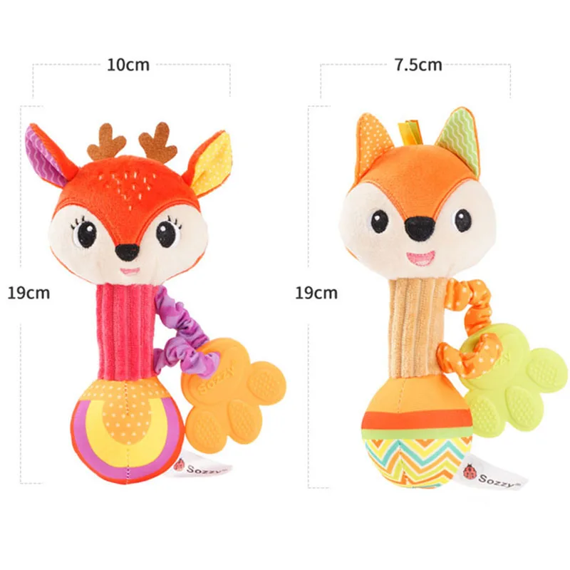 Shaker de chocalhos macios para bebês, desenvolvimento infantil, aperto de mão, brinquedos sensoriais estridentes com mordedor, 0-12M