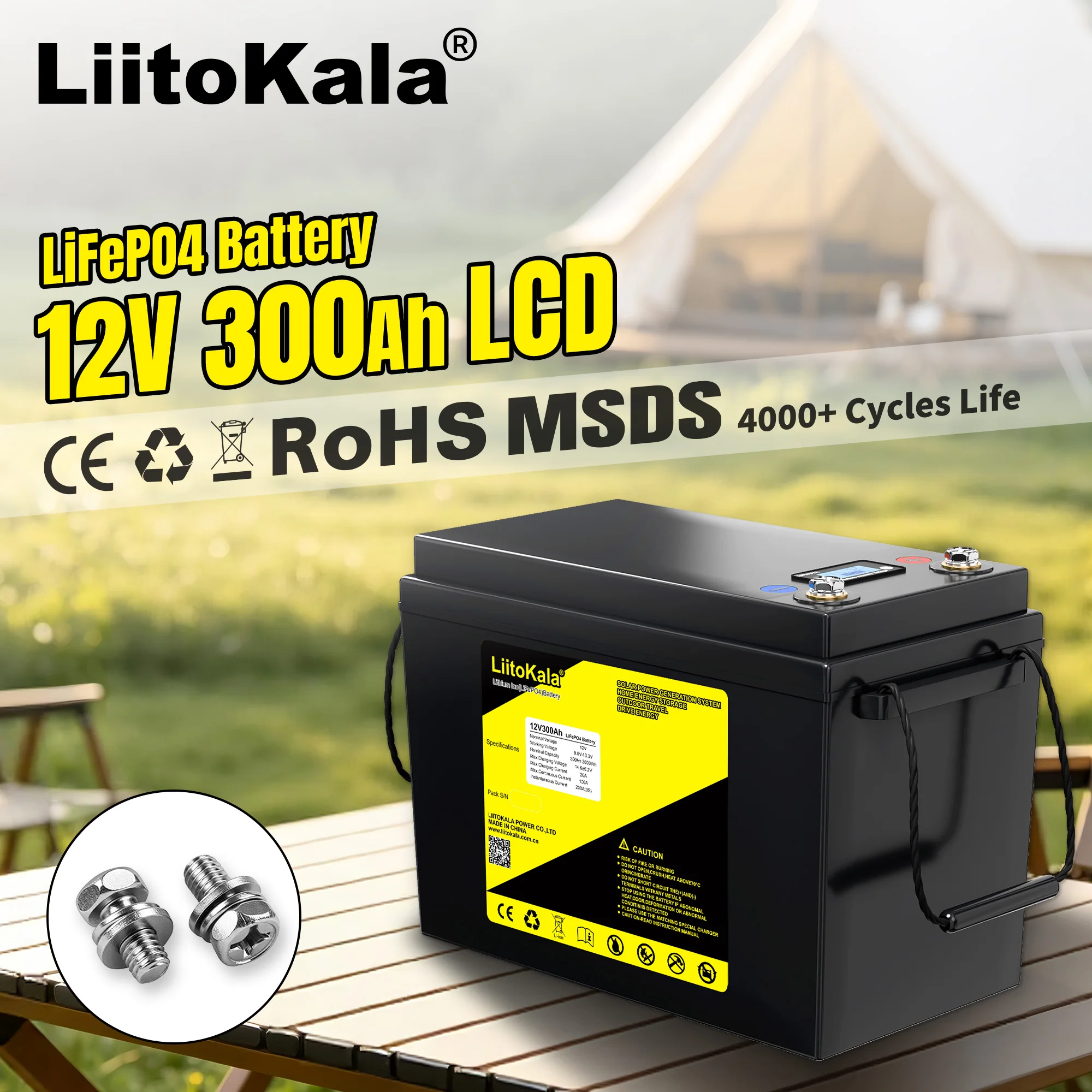 LiitoKala 12V 300Ah LiFePO4 Lithium-Batterie mit LCD-Anzeige und integriertem Smart BMS, 300A Tiefzyklus-Akku, wiederaufladbarer Solar-Akkupack für Wohnmobile, Camper, Boote, Trolling-Motoren,