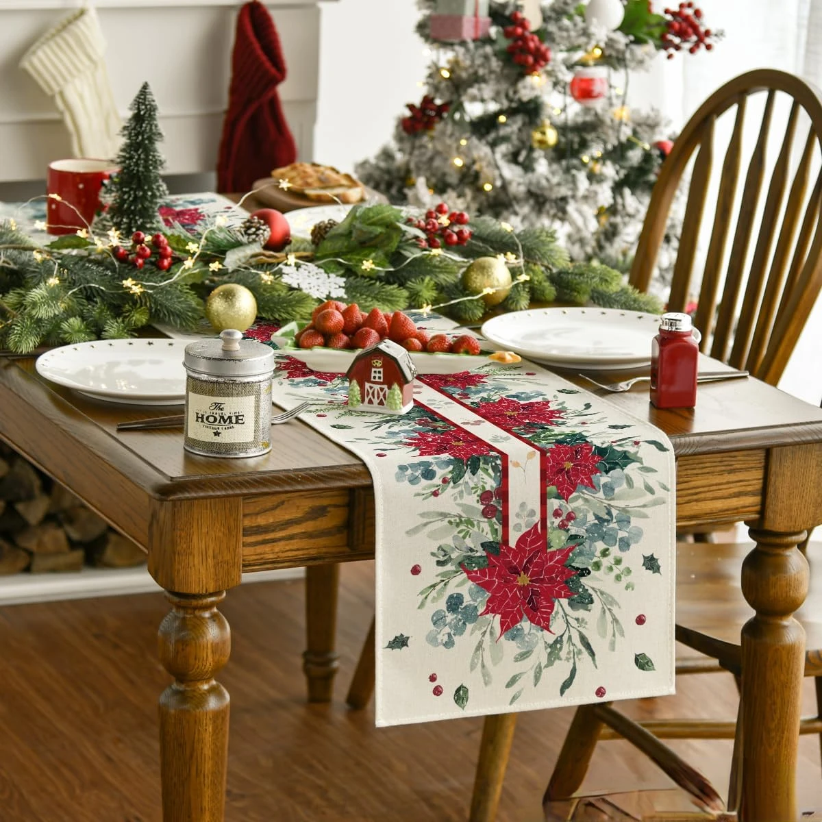 Christmas Eucalyptus Poinsettia Holly Linen Table Runners Dining Room Decor Durable Dining Table Runners Xmas Party Decorations