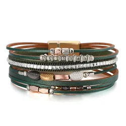 Boho Style Summer Fashion Multi-layer Leather Female Bracelet for Women Jewelry Metal Leaf Beaded Leather Rope Beaded Wristband