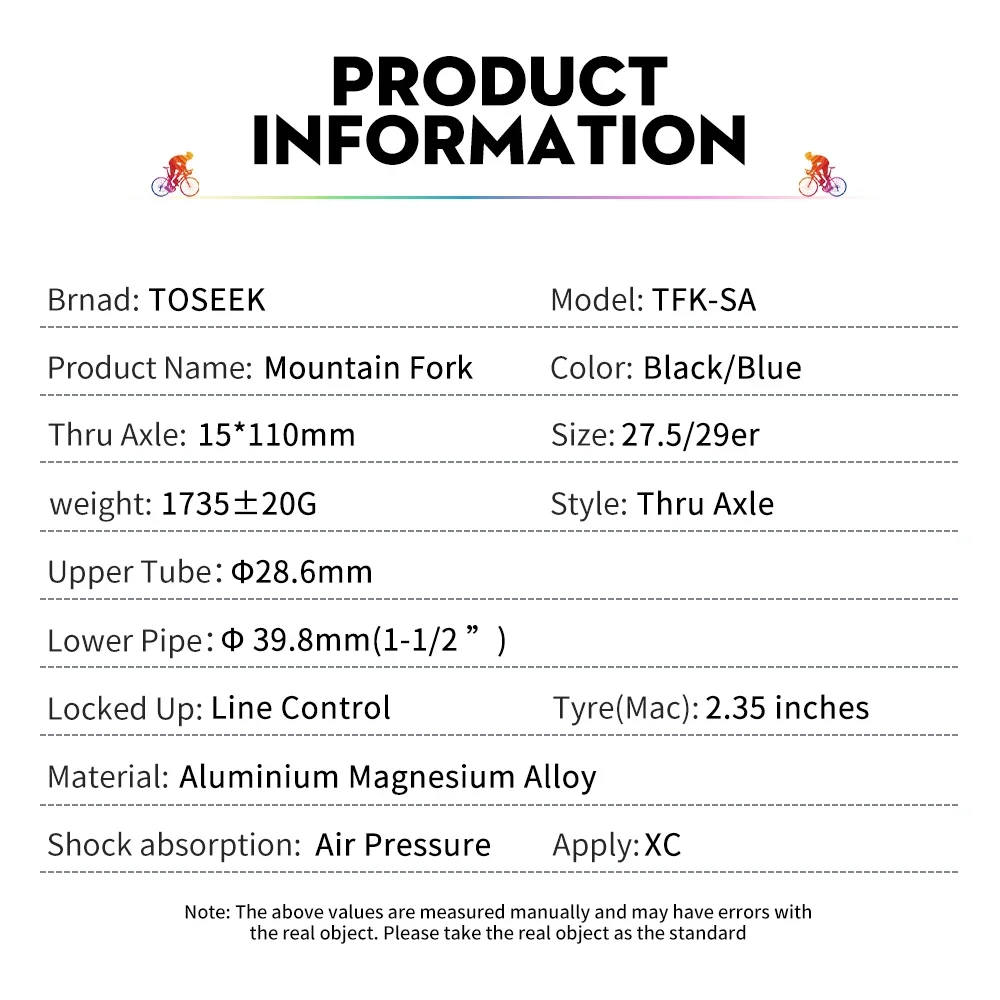 TOSEEK NEW Thru Axle Magnesium Alloy MTB Fork 27.5/ 29 Er Inch Line Control Mountain Bike 15*110 Mm Air Suspension Bicycle Fork