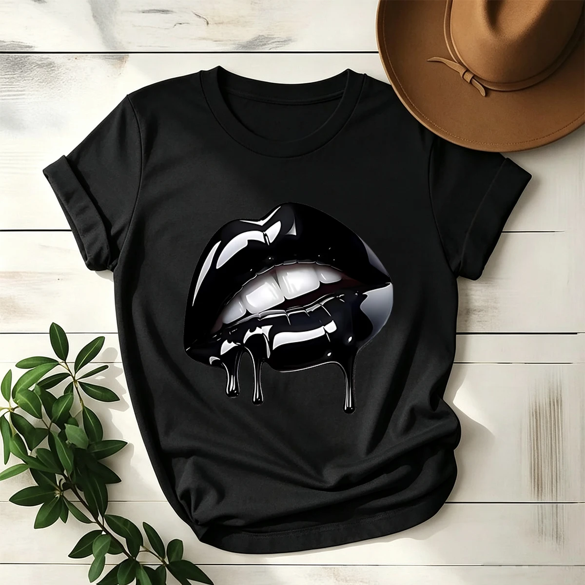 Glossy Dripping Black Lips Retro Graphic Plus Size Women 100% Cotton Soft Loose Crew Neck Short Sleeve T-Shirt For Gothic Street Daily Tops view 3