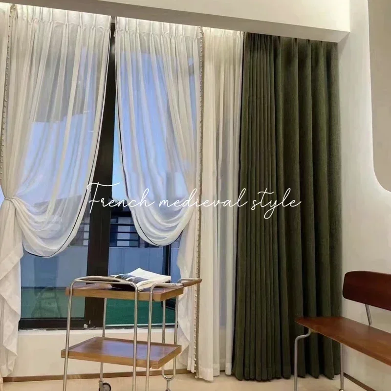 Mid-century French Retro Dark Green Chenille Blackout Curtains For Living Room Bedroom Dining Luxury Window Decor Thickened