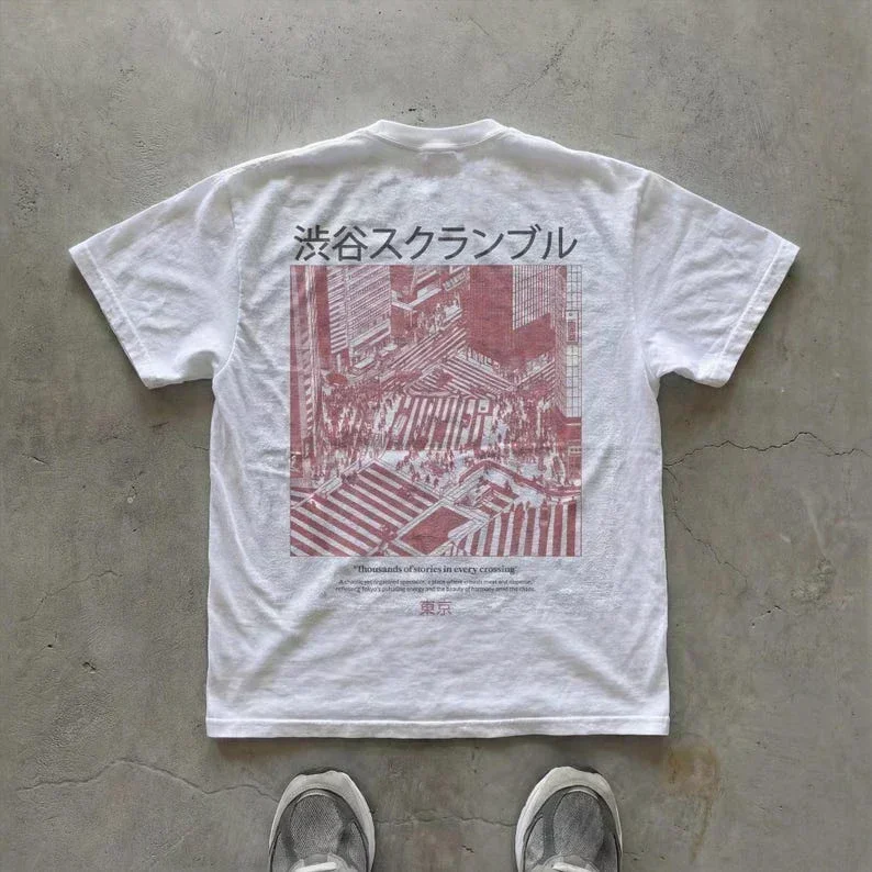 Japanese Urban Streetwear Tokyo Photography Art Cotton Short Sleeve T-shirt Shibuya Crossing Graphic Tee Men Women Clothing