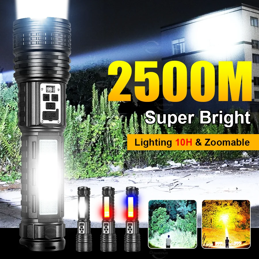 

2025 Newest Strong Light Flashlight High Power Rechargeable LED Flashlight Long Range 2500M Zoom Torch Light For Camping Fishing