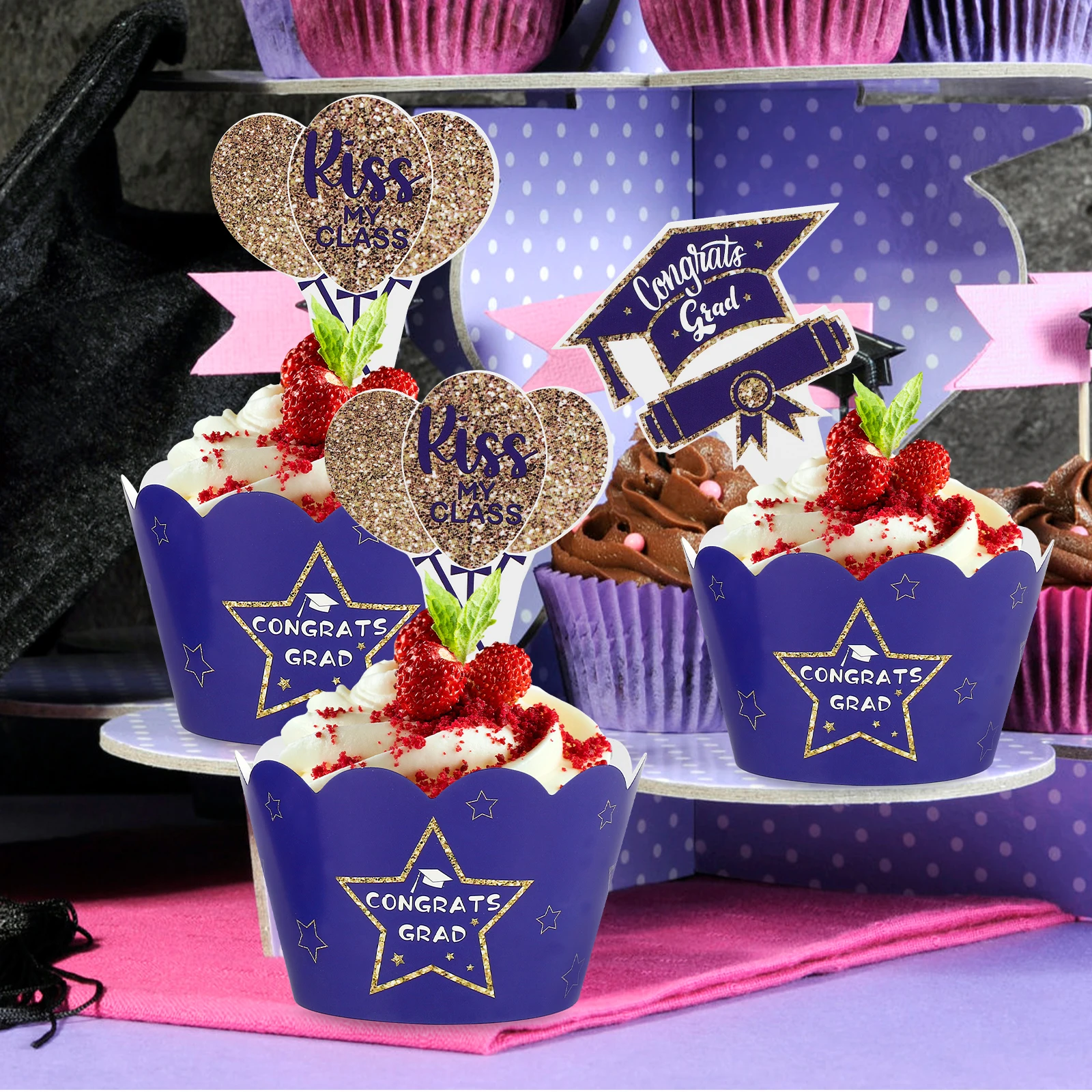 

1 set Cake Decoration Picks Graduation Blue Party Cupcake Topper Kits Paper Edging Ornament Dessert Decorations