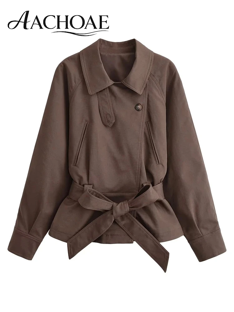 AACHOAE Women Cropped Trench Jacket Vintage Belted Waist Turn Down Collar Long Sleeve Short Coat Elegant Brown Casual Outerwear