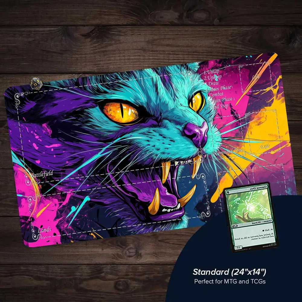 

Graffiti-style Neon Cat MTG Playmat Magic Card Mat with Stitched Edge Non-Slip Durable Tabletop playmat Board Game Mat for TCG