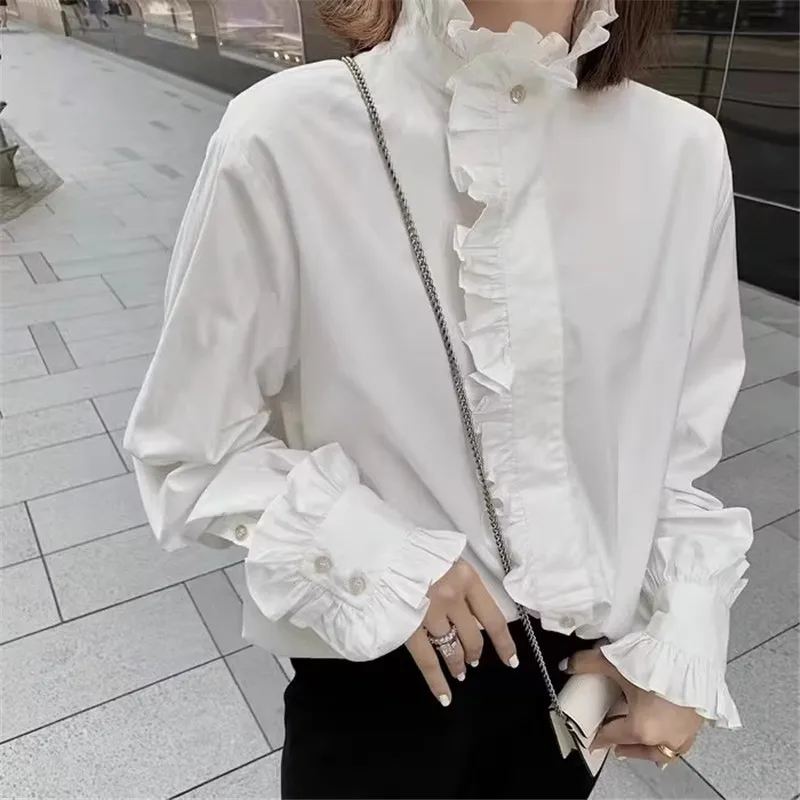 

French Court Style Ruffles Stand Collar Top White Cotton Shirt Stunning New Design 2026 Spring 3XL Big Women Casual Chic Blouse