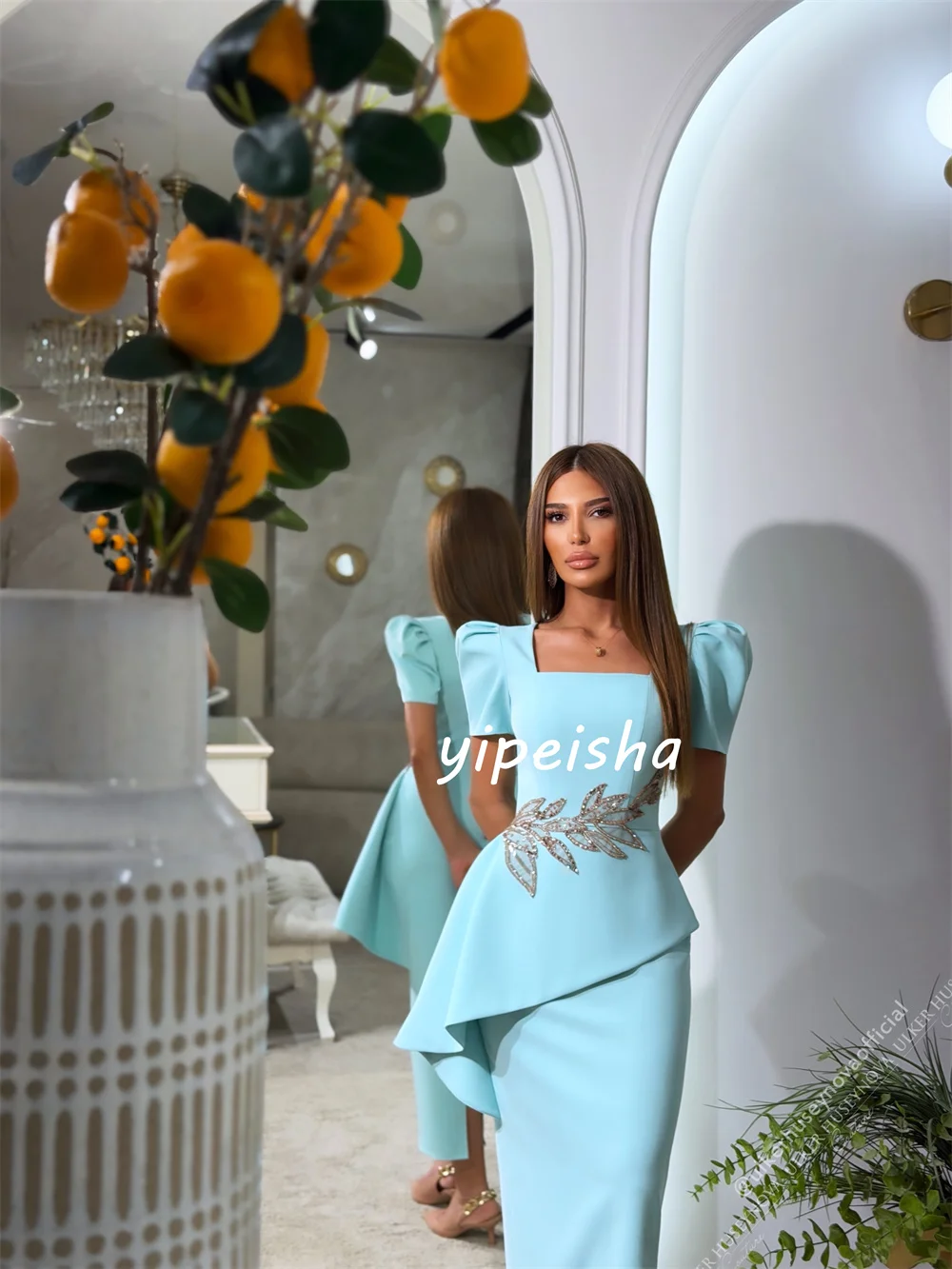 Customized Blue Retro Sizes Available Jersey Applique Beading Sequined Straight Square Neck  Ankle Length Evening Dresses Retro