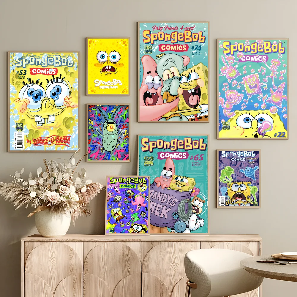 Funny-Cartoon S-Spongebobes-Cute-Pants Whitepaper Poster Retro Kraft Paper Sticker DIY Room Bar Cafe Vintage Decorative Painting