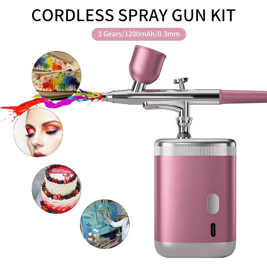 ชุดพ่นสีแบบพกพา 1200 มิลลิแอมป์ พร้อมคอมเพรสเซอร์ สำหรับแต่งหน้า ตกแต่งเค้ก ทาสีโมเดล ทำเล็บ และงานตัดผม สีชมพู