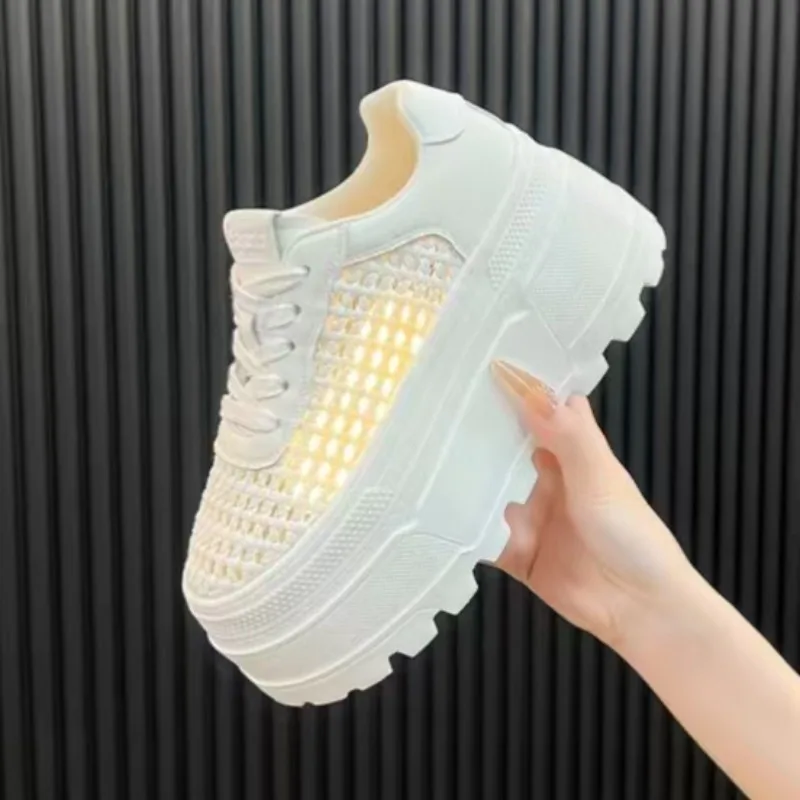 

8cm Thick Soled Hollow White Shoes for Women, 2026 Summer New Height Increasing Shoes, Breathable Casual Sports Board Shoes