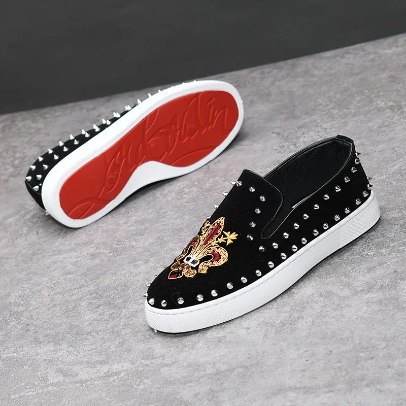 

Замшевые лоферы с заклепками и вышивкой для мужчин, роскошные черные повседневные мужские лоферы без шнуровки, оригинальная брендовая обувь