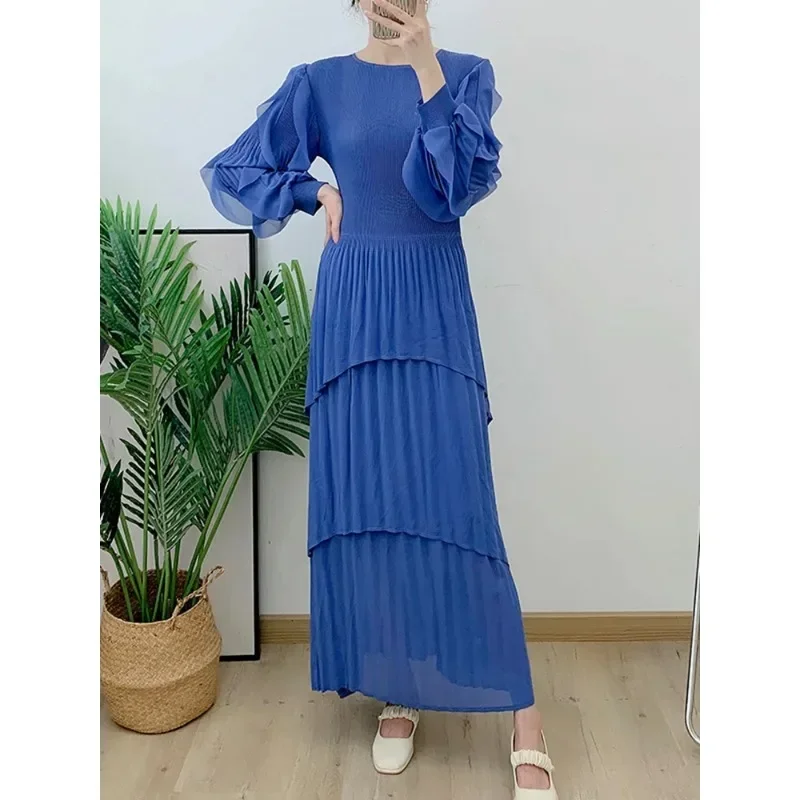 YUDX Miyake Patchwork Ruffles Pleated Dress Women Chic Style Fashion Round Collar Full Sleeve A Line Irregular Hem Elegant 2024