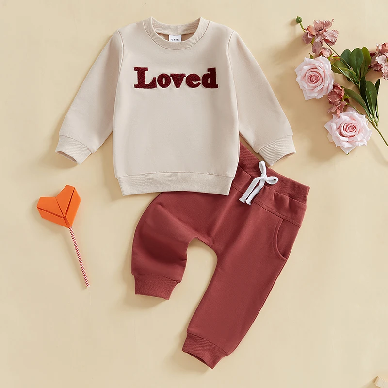 Valentijnsdagoutfits voor babyjongens met lange mouwen en letterborduurwerk Sweatshirt Broek Set Peuterkleding