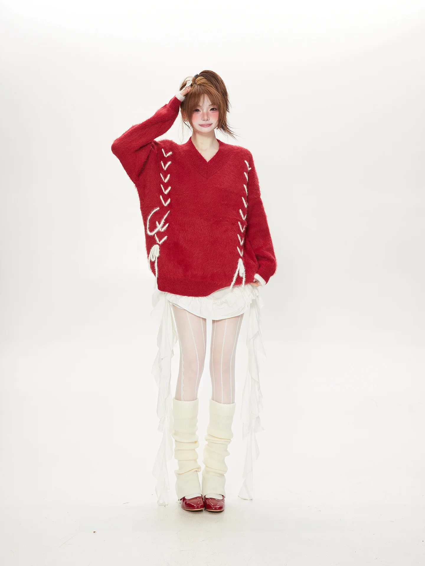 

Red Loose Knitted Sweater Women's Spring Autumn Korean Sle V-Ne Long Sve Casual Comfortable Design Sense Bland Faion
