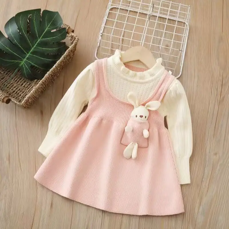 

2026 New Winter Bow Christmas Dress Girls Fleece Sweater Skirt New Year Clothing Kids Outfits ﻿