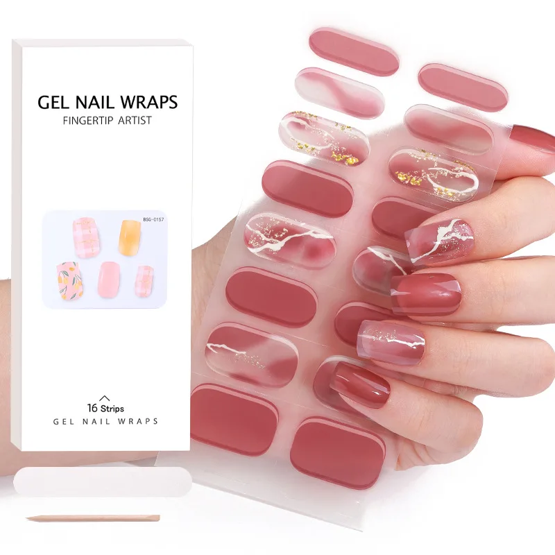 16 Strips Gel Nail Wraps Semi-cured Gel Nail Art Stickers Bronzing Ice Through Uv Light Therapy Semi-baking Nail Stickers