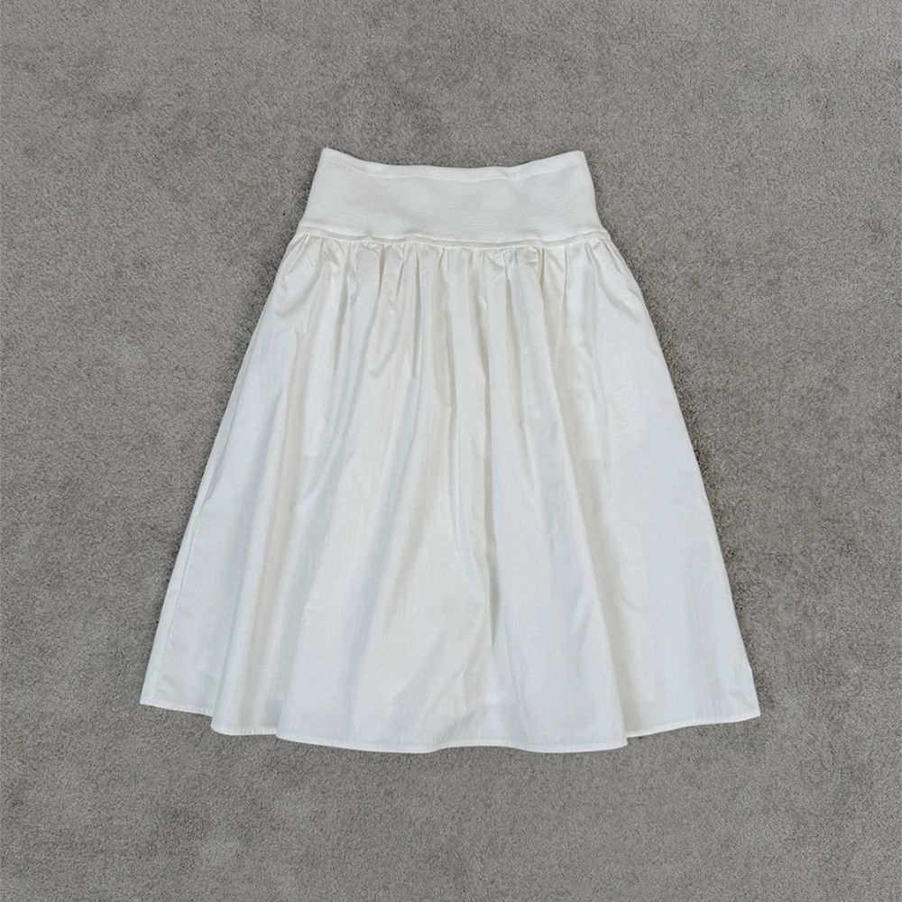 Women Cotton Blend Midi Skirt Wide Elastic High Waist Pleated A Line Flared Skirt Elegant Casual Swing Ladies Mid Length Skirt