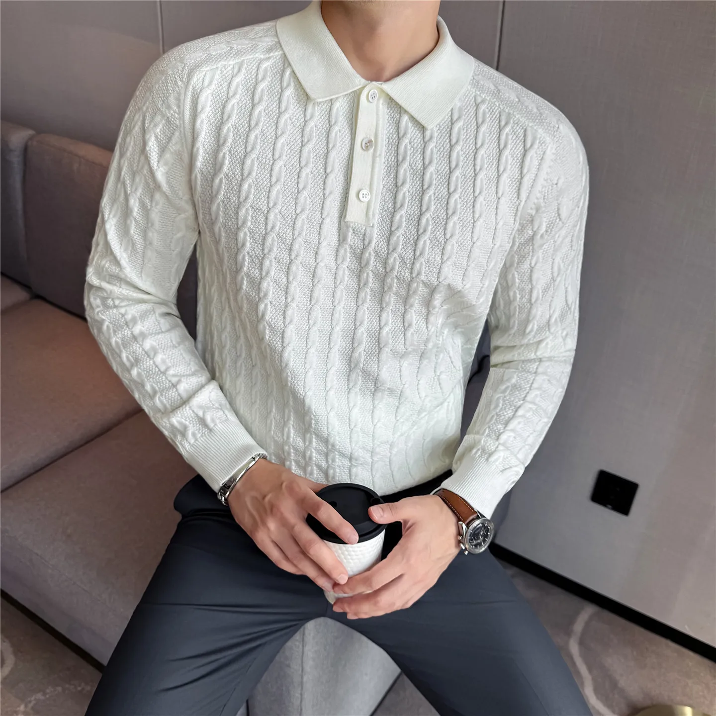 

Men's Old Money Style Polo Collar Cable Knit Sweater Soft Touch Wool Blend Premium Quality Business Casual Daily Essential