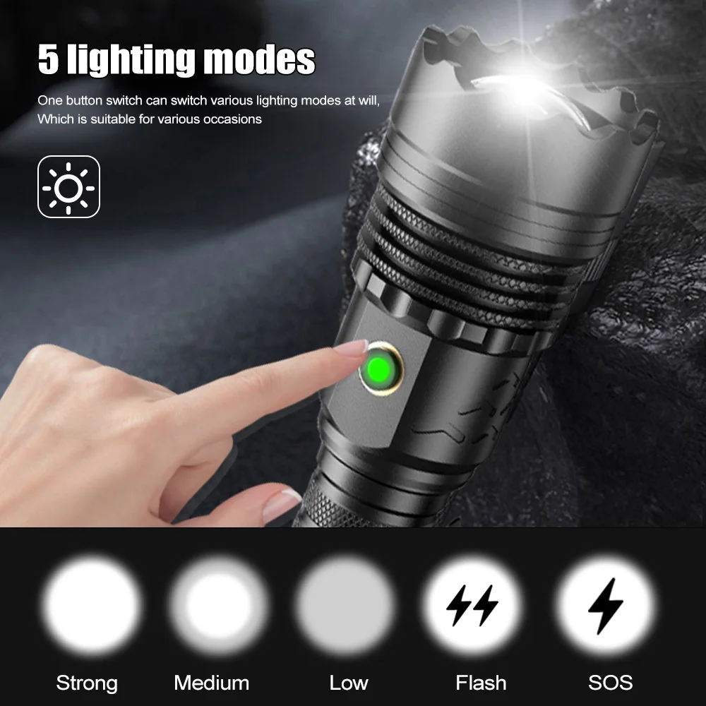 Powerful 10000lm 4 CORE LEP White Flashlight Adjustable Focus Type-C Fast Charging 5 Modes LED Toch for Outdoor Emergency